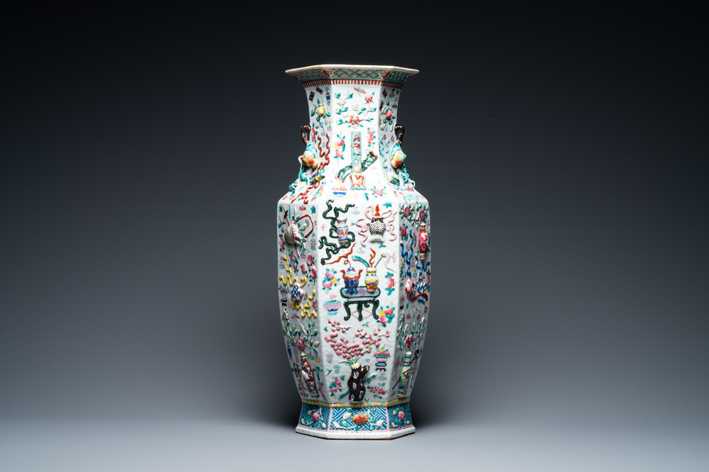 A Chinese hexagonal famille rose 'antiquities' vase, 19th C.