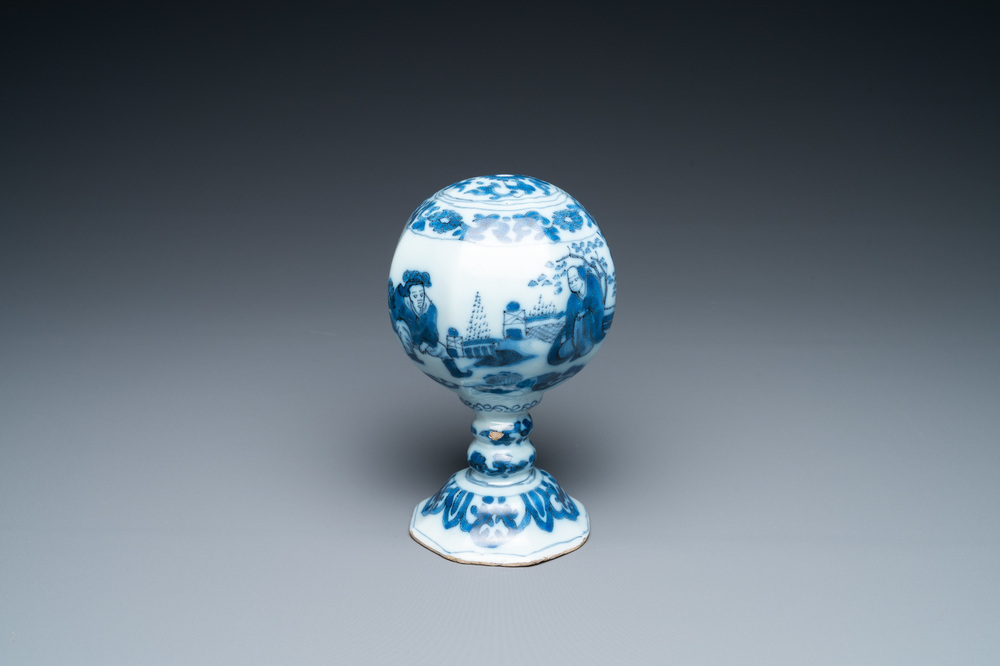 A rare Dutch Delft blue and white chinoiserie children's wig stand, late 17th C.