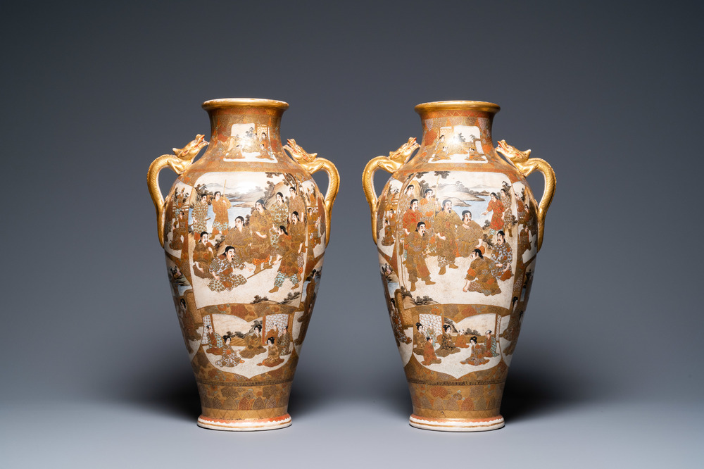 A pair of Japanese Satsuma vases, Kinkozan mark, Meiji, 19th C.