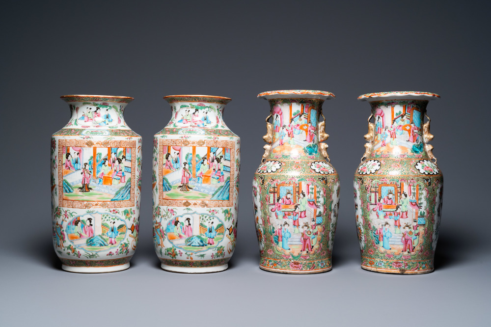 Two pairs of Chinese Canton famille rose vases, 19th C.