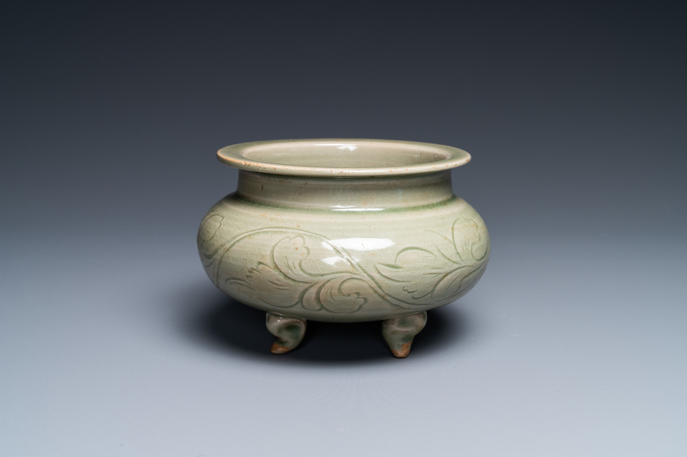 A Chinese Yaozhou celadon tripod censer, Song or later - Rob 