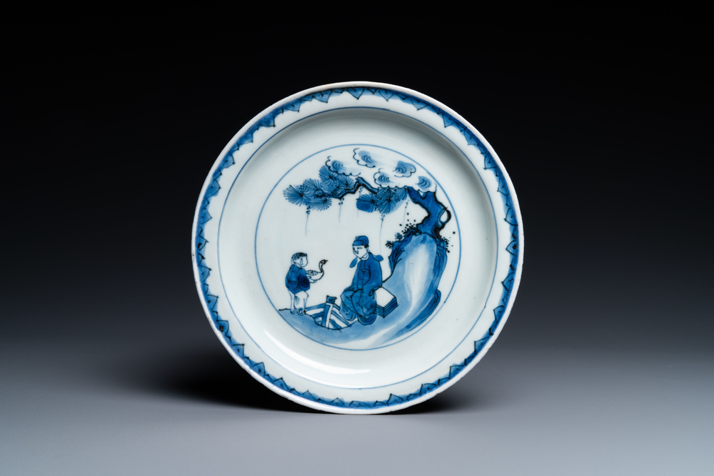 A Chinese blue and white ko-sometsuke 'Wang Xizhi' dish for the Japanese market, Tianqi/Chongzhen