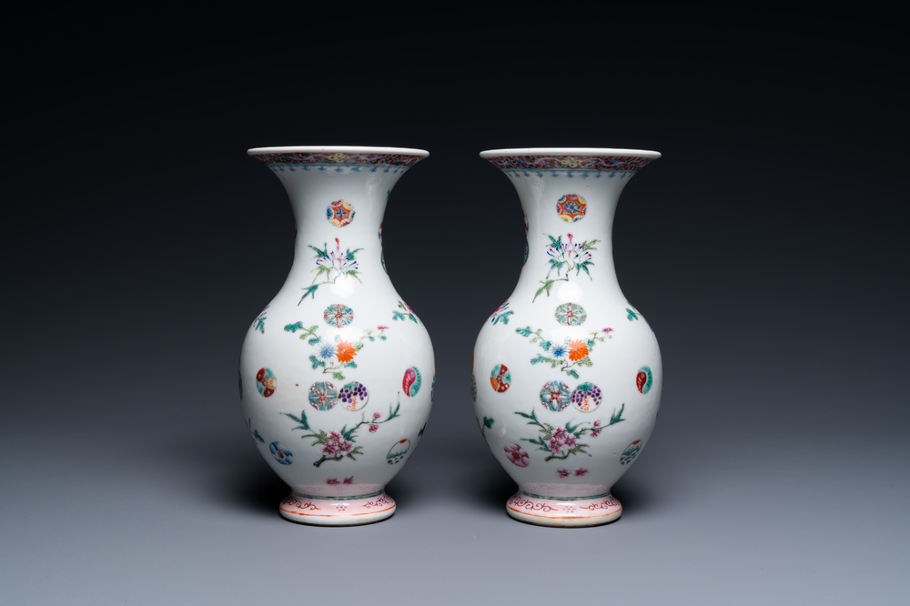 A pair of Chinese famille rose vases, Yongzheng mark, 19/20th C.