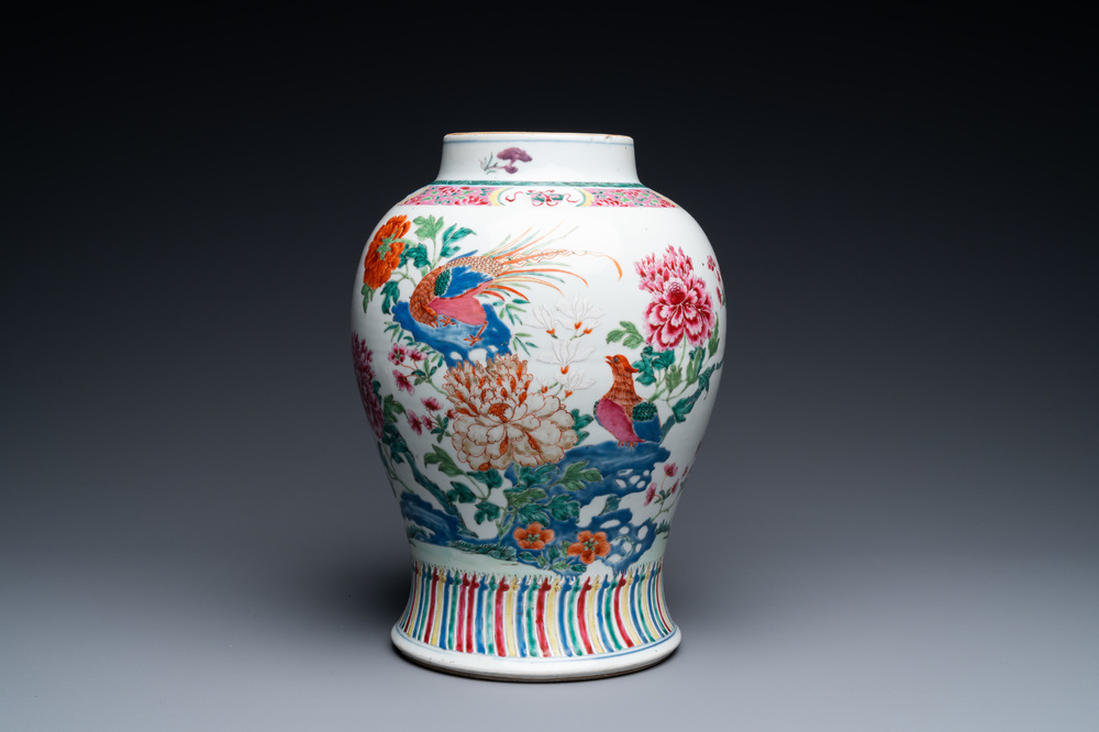 A Chinese famille rose vase with birds among blossoming branches, Qianlong