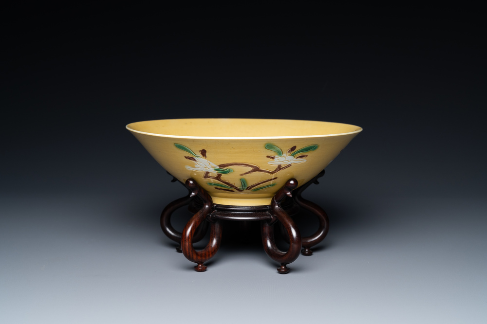A Chinese yellow-ground 'brinjal' biscuit bowl, Kangxi
