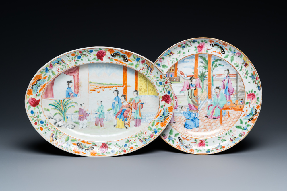 A fine oval Chinese Canton famille rose dish and a round dish, 19th C.