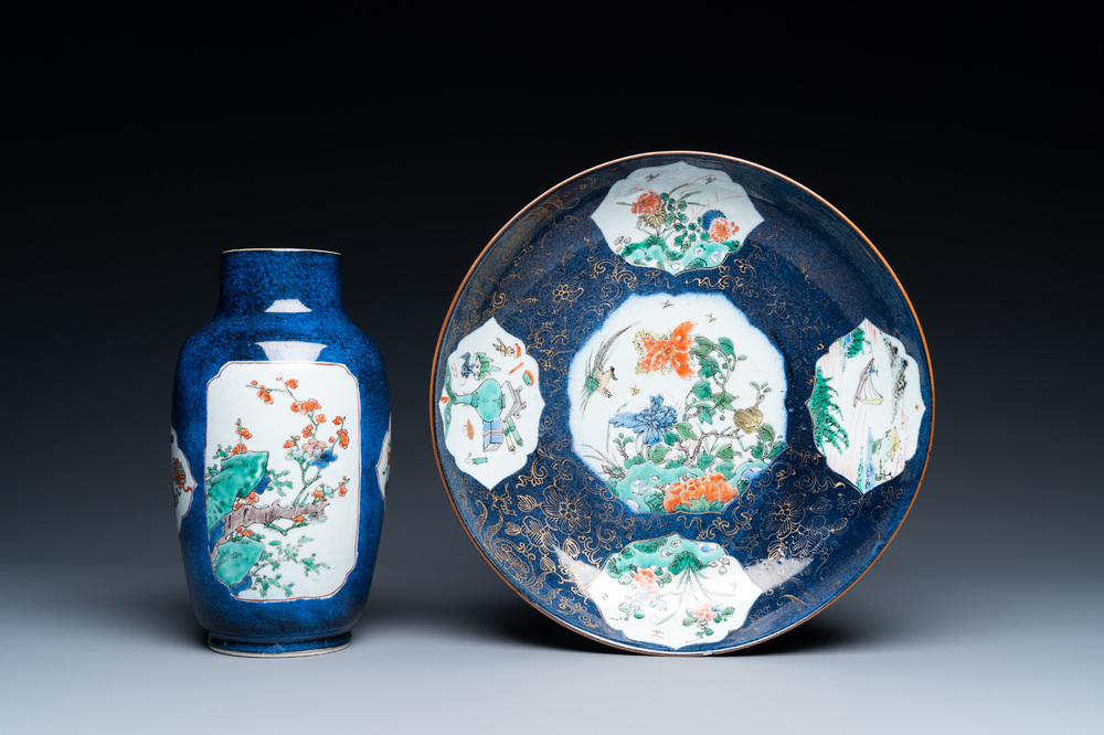 A Chinese famille verte powder blue-ground dish and a vase, Kangxi