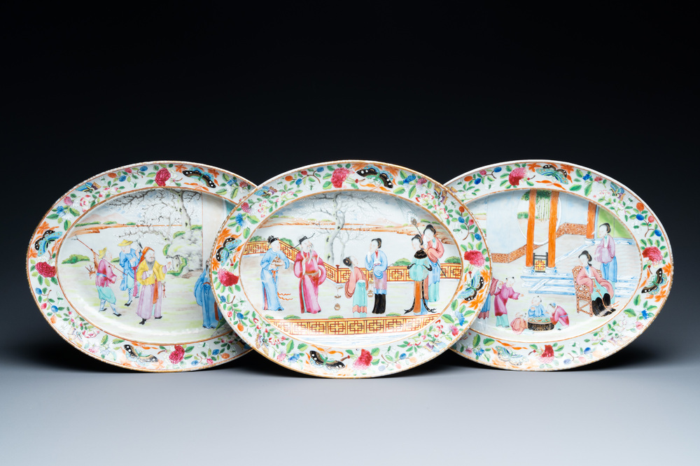 Trois plats ovales en porcelaine de Chine famille rose de Canton, 19&egrave;me