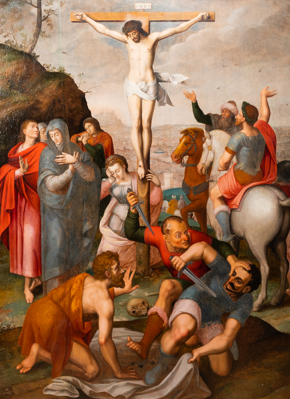 Vlaamse school: Romeinse soldaten vechten hun dobbelspel uit voor Christus aan het kruis, olie op paneel, 1e helft 16e eeuw
