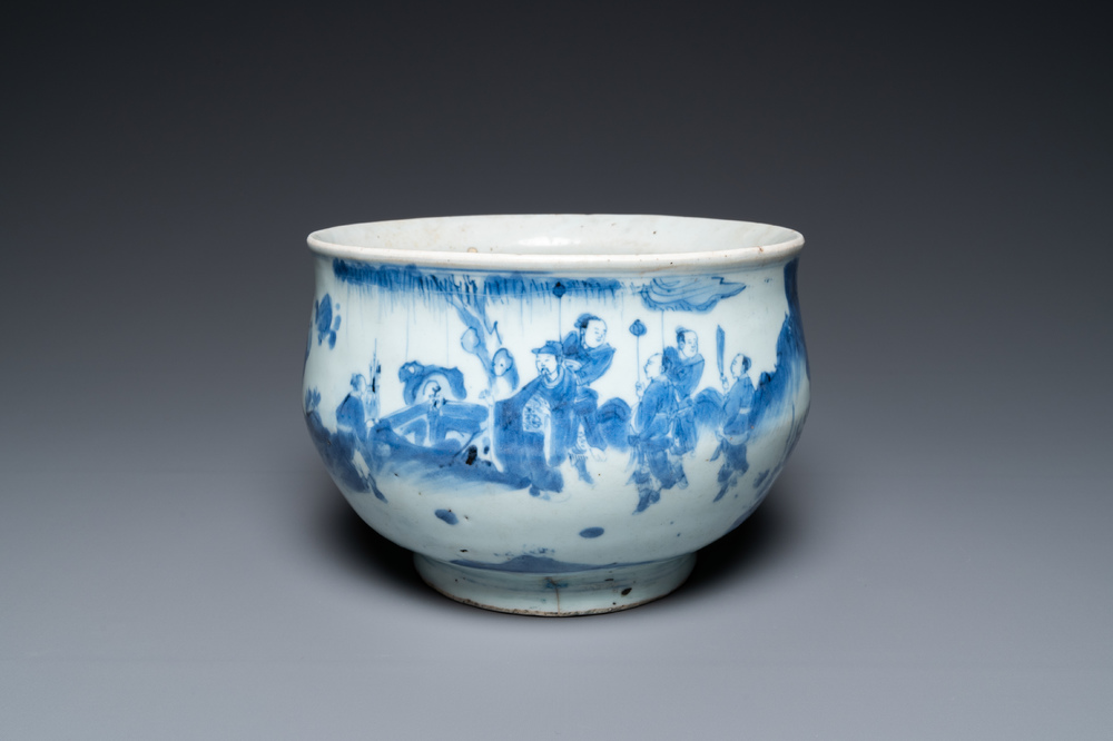 A Chinese blue and white censer with figures in a landscape, Transitional period