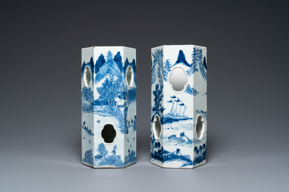 Two Chinese blue and white hexagonal hat stands with landscapes, 19th C.