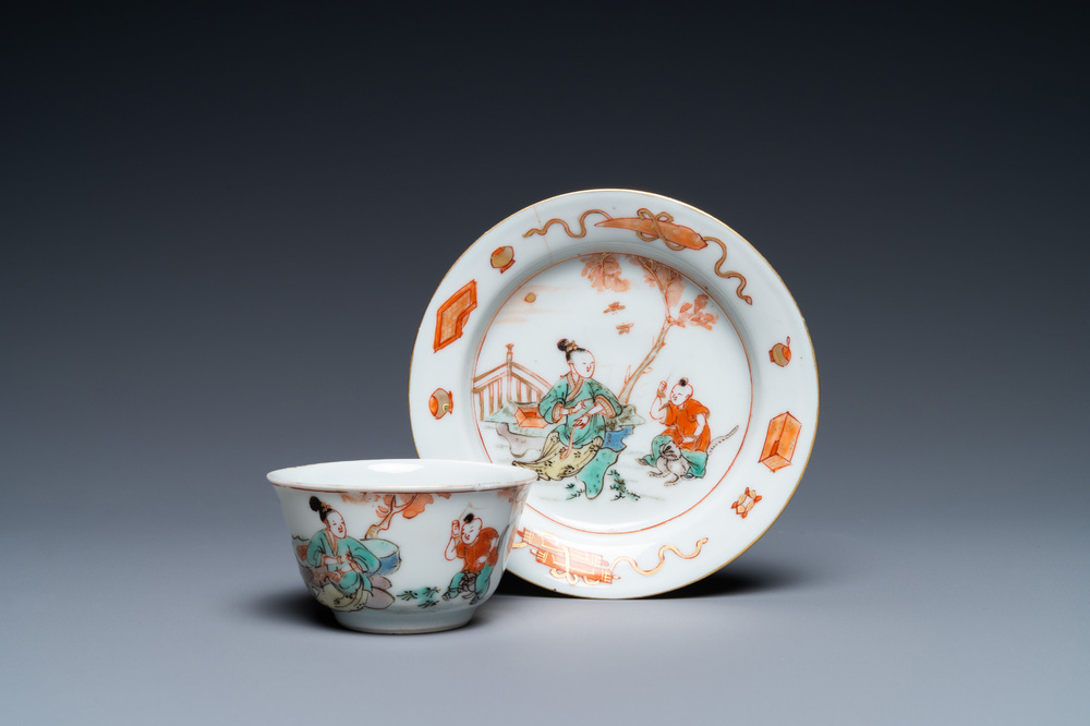 A Chinese famille verte cup and saucer, Kangxi