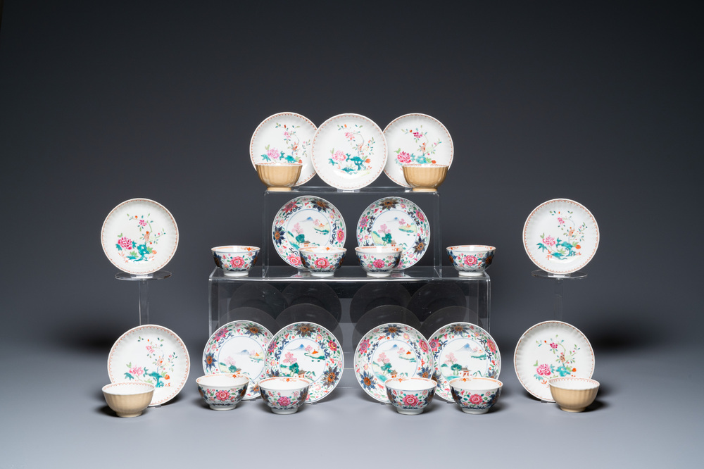 Thirteen Chinese famille rose saucers and twelve cups, Qianlong