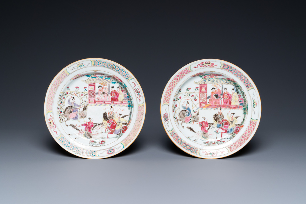 A pair of Chinese famille rose 'Emperor Yang' plates, Qianlong
