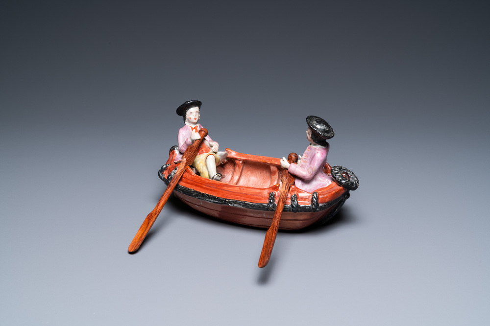 A rare polychrome petit feu Dutch Delft 'rowing boat' group, 2nd half 18th C.