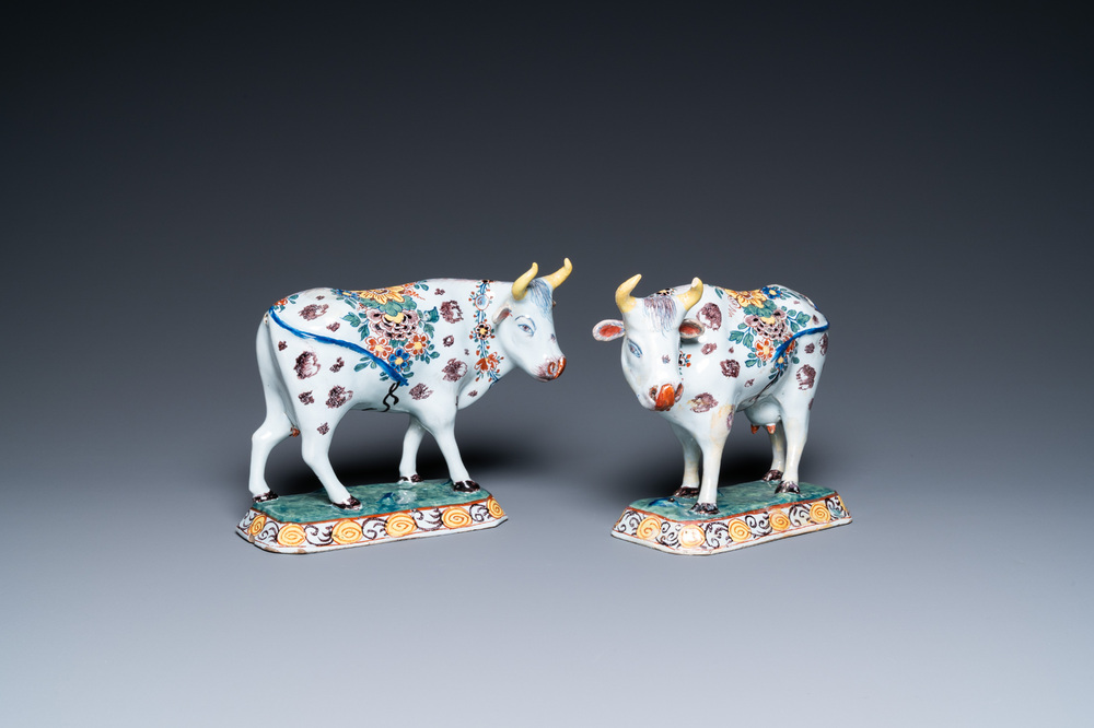 A pair of polychrome Dutch Delft cows, 18th C.