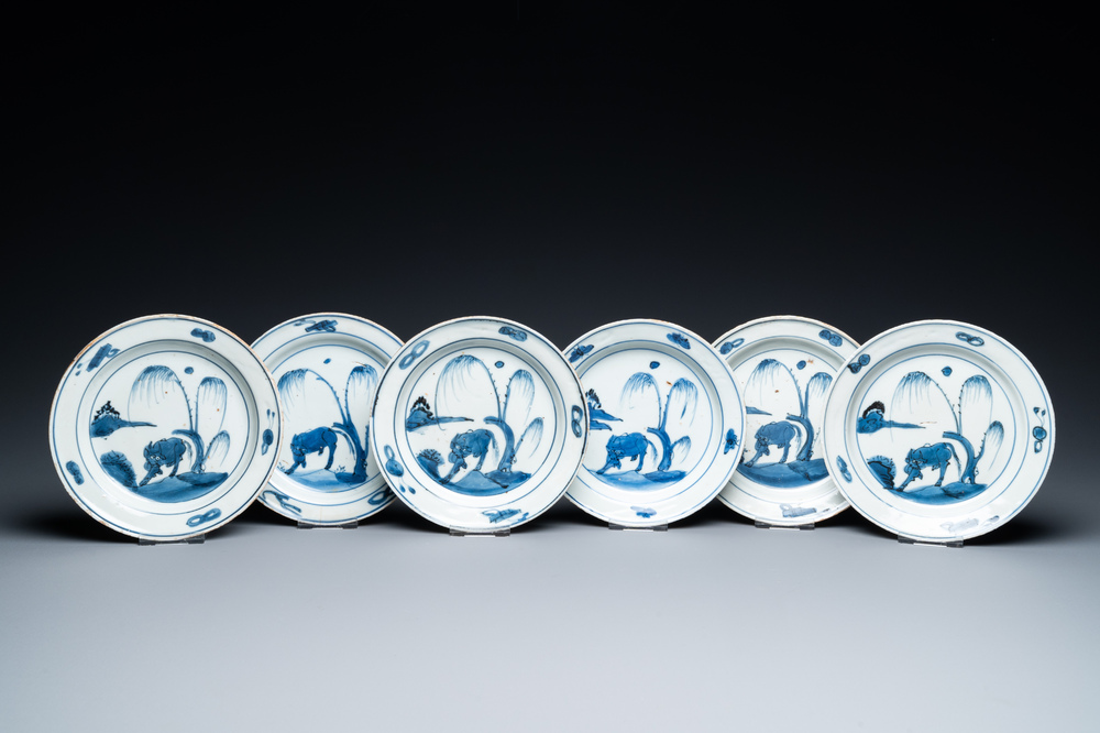 Six Chinese blue and white ko-sometsuke 'oxen' plates for the Japanese market, Transitional period