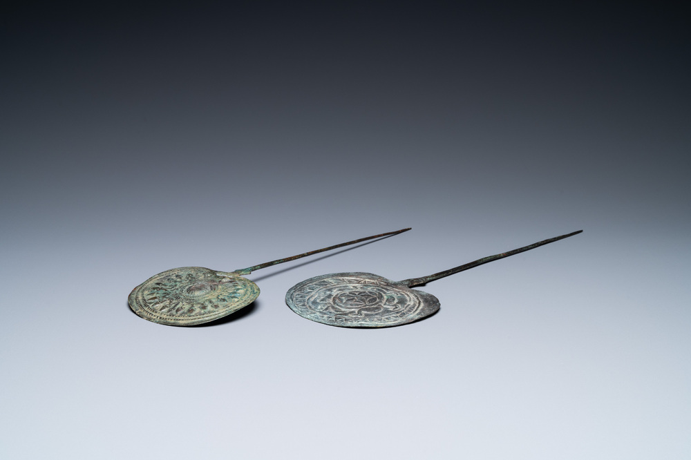 Two large Luristan bronze disc-headed clothing pins, Iran, 1st millenium BC  - Rob Michiels Auctions