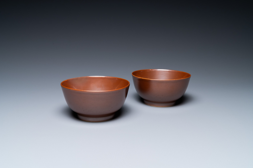 A pair of Chinese caf&eacute; au lait-glazed bowls, Qianlong mark and of the period