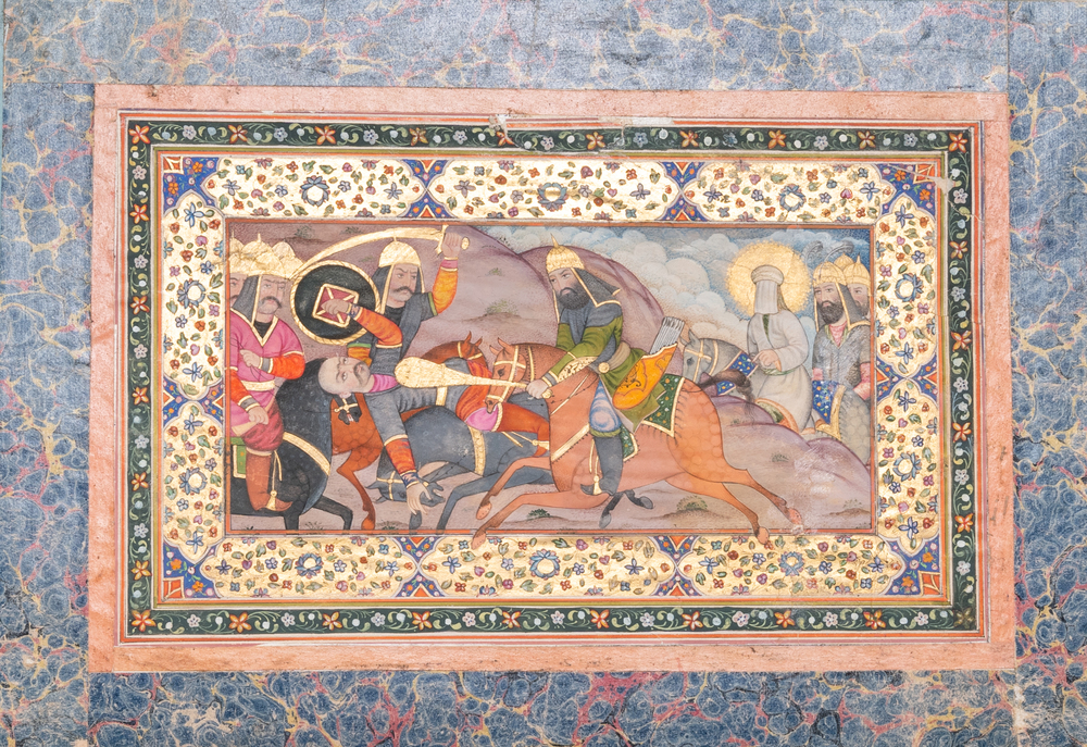 Miniature qajare: 'La bataille de Karbala', gouache et dorure sur papier, Iran, 19/20&egrave;me