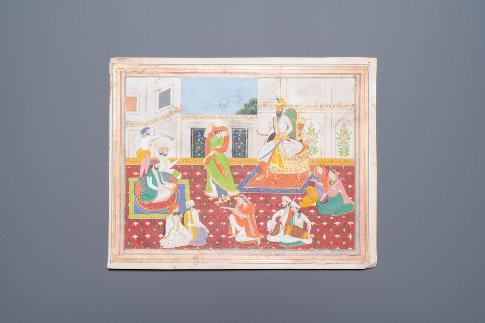 Indische school, miniatuur: 'Audi&euml;ntie bij Maharadja Ranjit Singh', met goud opgehoogde opake pigmenten op papier, 19e eeuw