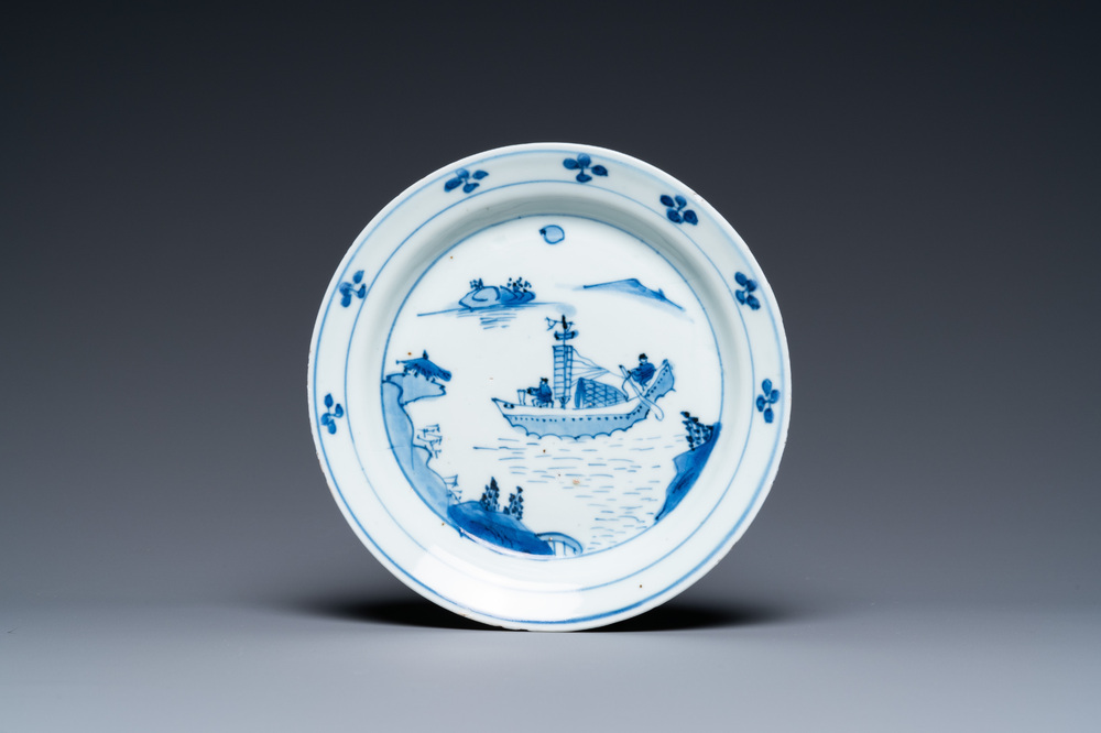 A Chinese blue and white ko-sometsuke 'ship' plate for the Japanese market, Transitional period