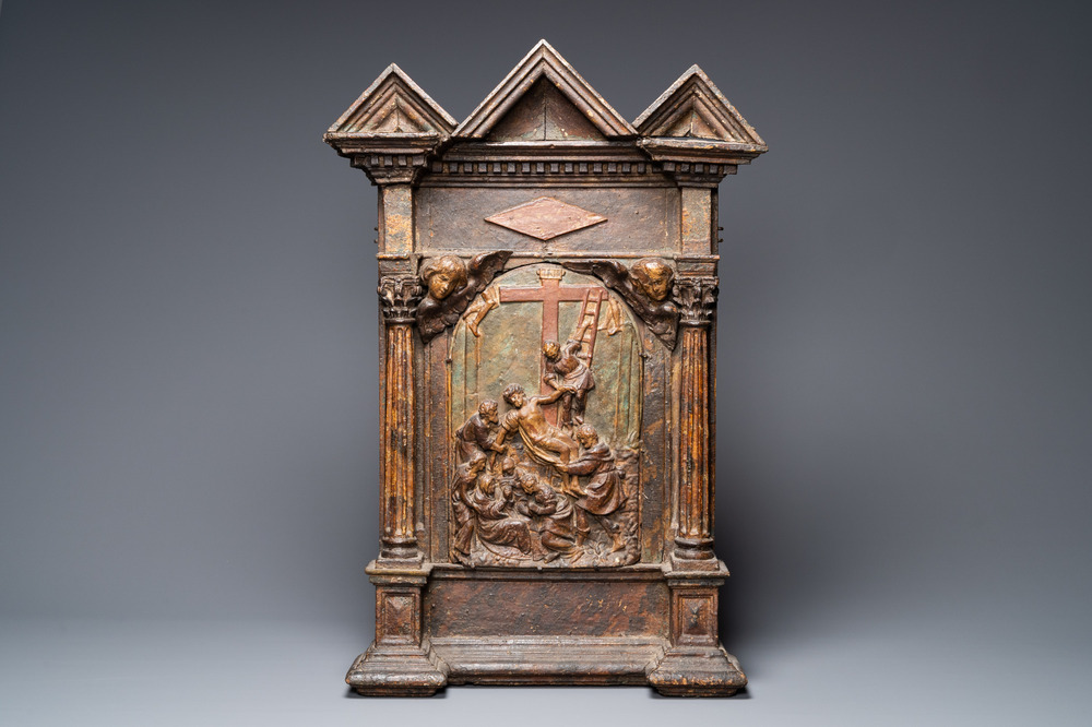 A large polychromed wooden and terra cotta 'Descent from the Cross' altar piece, Italy, 1st half 16th C.