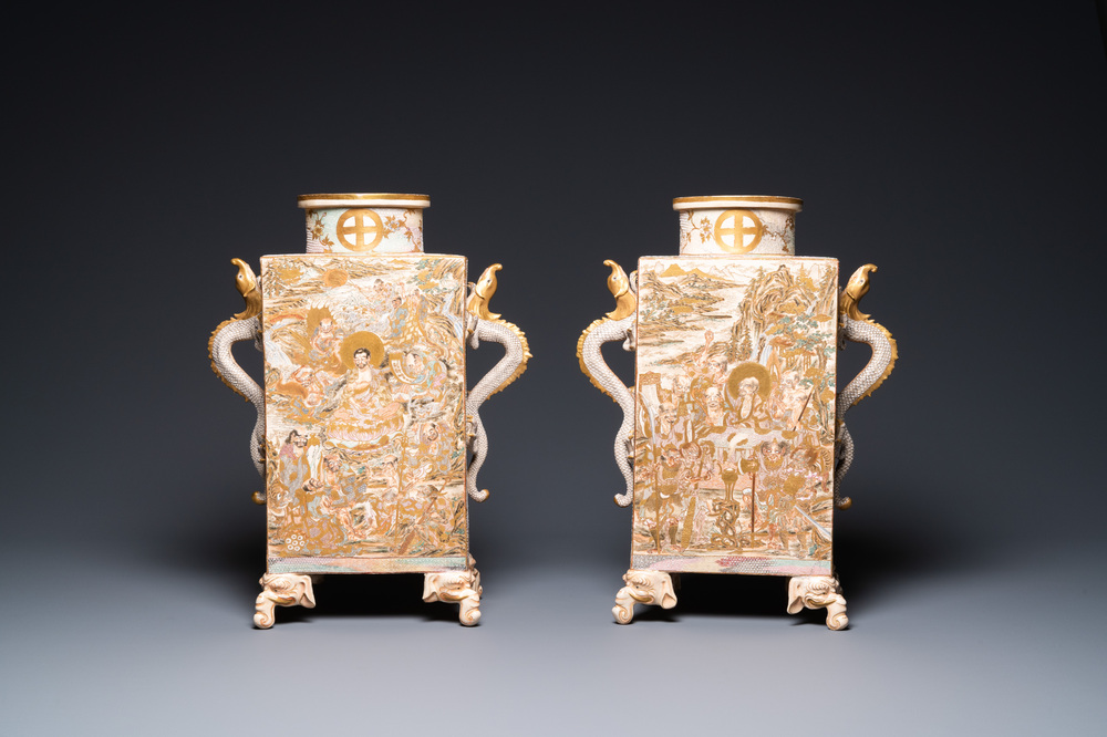 A pair of Japanese Satsuma 'Shimazu Mon' vases on elephant feet, Meiji, 19th C.