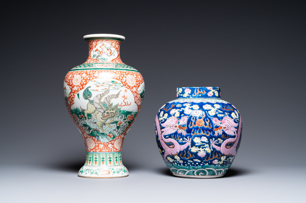 A Chinese famille verte 'mythical animals' vase and a famille rose jar and cover with dragons, 19/20th C.