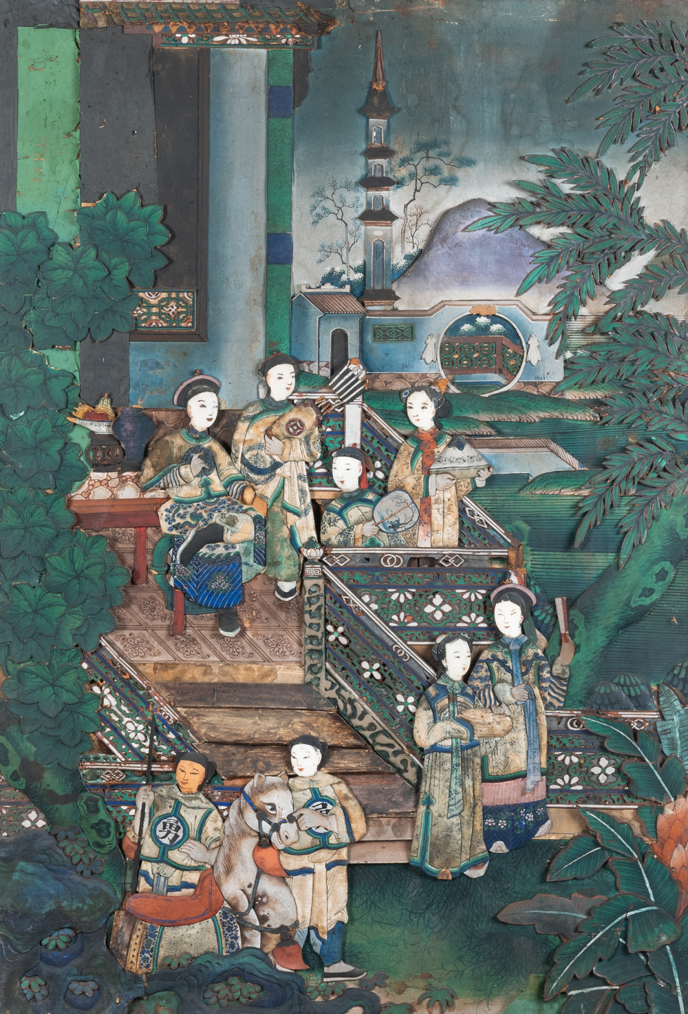 Ecole de Canton: 'Personnages dans un jardin aux terrasses', peinture en relief au collage en papier, 19&egrave;me