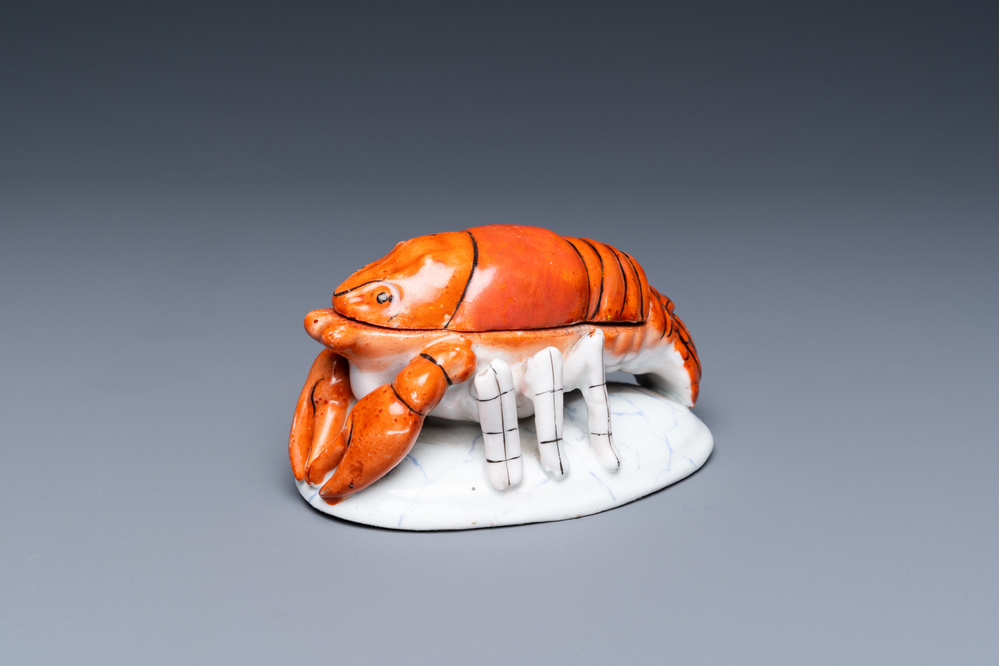 A Chinese polychrome box and cover in the shape of a lobster, 19th C.