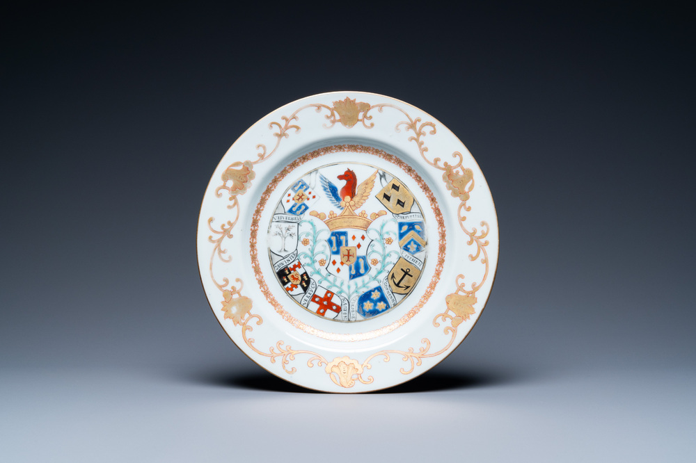 A Chinese armorial plate with the arms of 'Van Reverhorst' for the Belgian market, Qianlong, ca. 1745