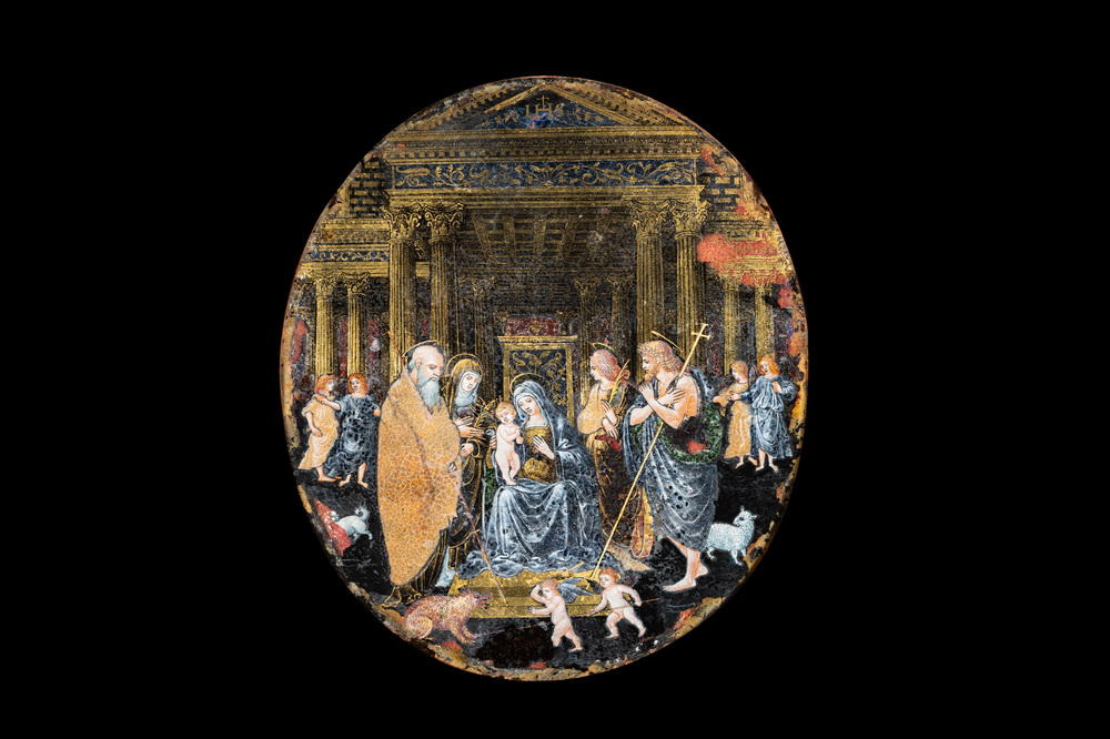 Italian school: 'Adoration of the Shepherds', oval miniature reverse glass painting, 16th C.