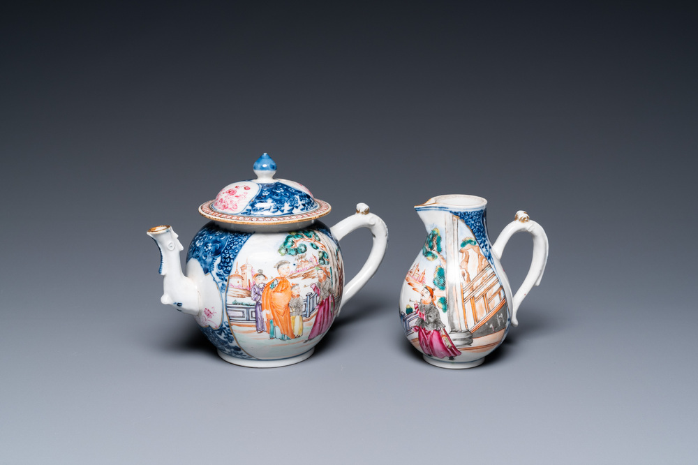 A Chinese famille rose 'Mandarin' teapot and milk jug, Qianlong