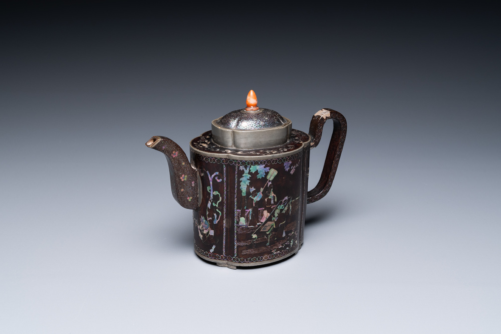 A Chinese 'laque burgaut&eacute;'-lacquered and mother-of-pearl-inlaid pewter teapot and cover, Kangxi