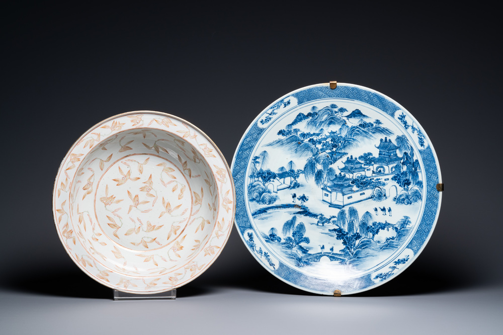 A large Chinese blue and white dish and a floral bowl, 19th C.