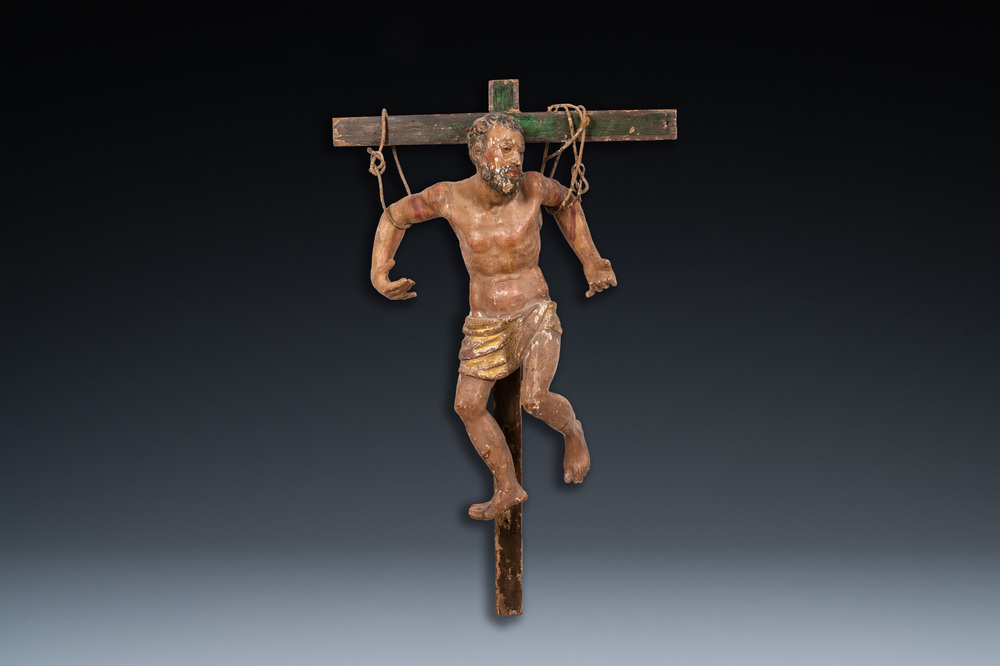 A polychromed wooden figure of the crucified Saint Dismas or 'The penitent thief', Spain, 16th C.