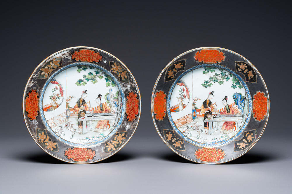 A pair of Chinese famille rose plates with ladies playing music, Yongzheng