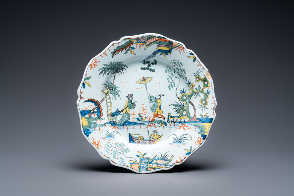 A fine polychrome French faience 'chinoiserie' dish with lobed border, Rouen, 1st half 18th C.