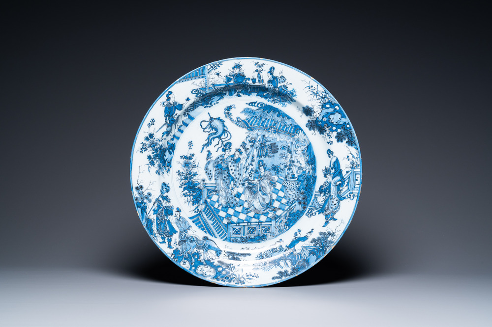 A finely painted and thin-walled large Dutch Delft blue and white chinoiserie dish, late 17th C.