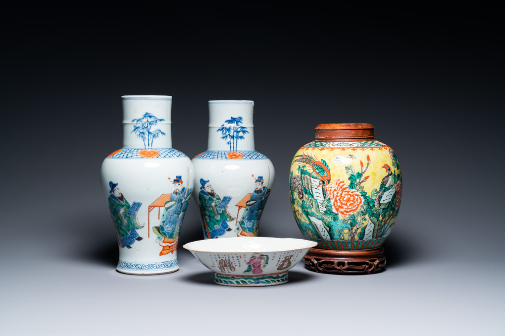 A pair of Chinese famille verte vases, a yellow-ground jar and a famille rose 'Wu Shuang Pu' bowl, 19th C.