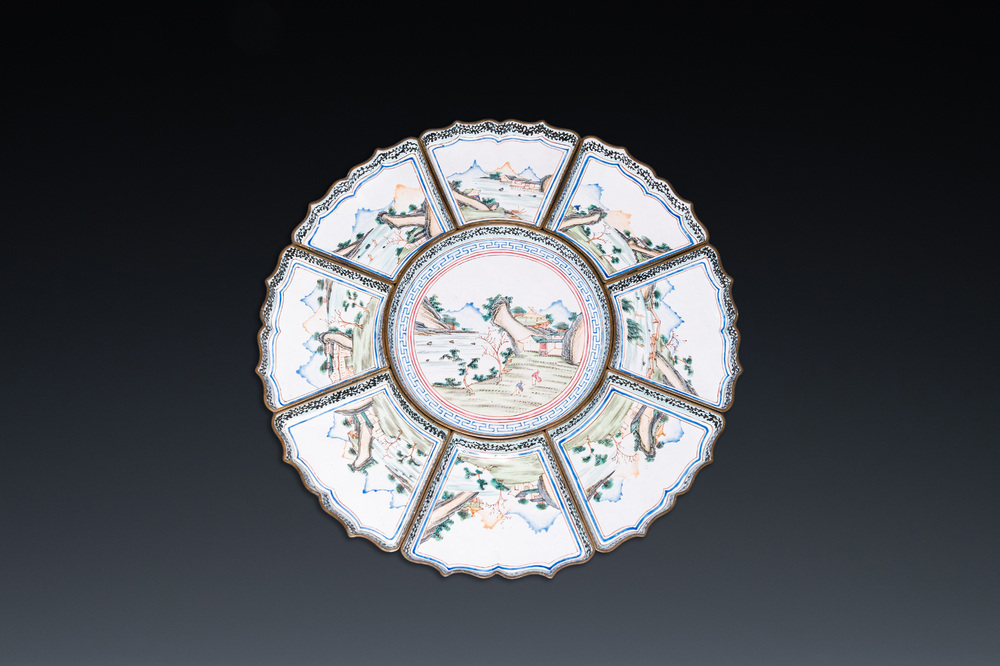 A Chinese nine-piece Canton enamel sweetmeat set, Qianlong