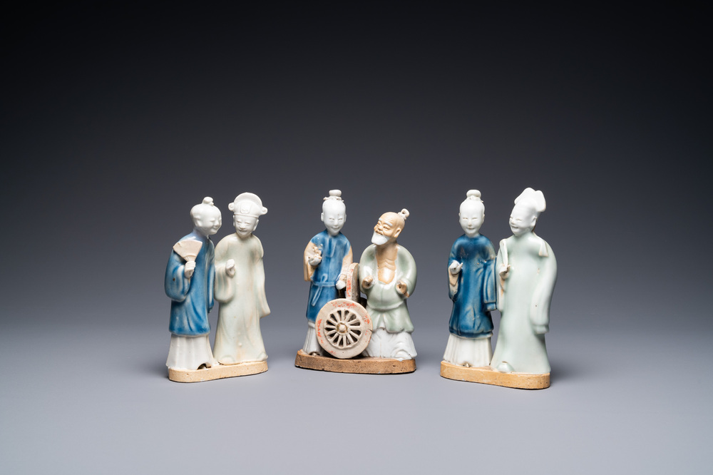 Three Chinese blue and white and celadon-glazed groups, Qianlong