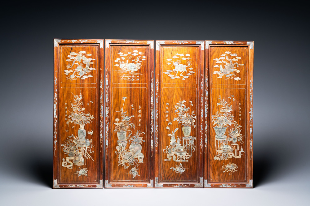 Four Chinese or Vietnamese mother-of-pearl-inlaid wooden panels, 19 ...