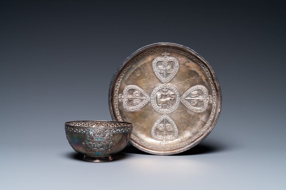 An Armenian enamelled silver cup and saucer, 18th C.