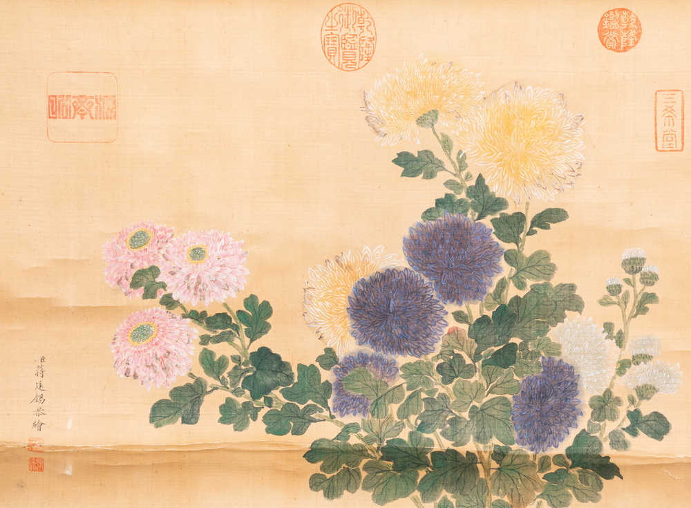 Ecole chinoise, d'apr&egrave;s et avec la signature de Jiang Tingxi (1669 - 1732): 'Composition florale', encre et couleurs sur soie