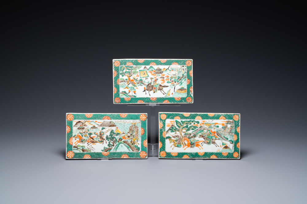 Three rectangular Chinese famille verte plaques, 19th C.