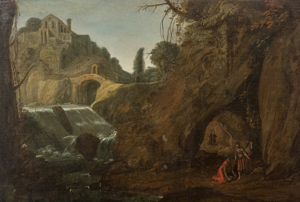 French school: 'Travellers in a landscape', oil on canvas, 17th C.