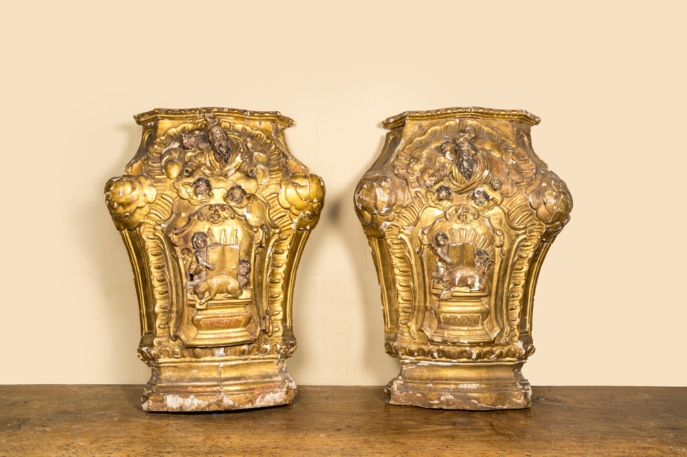 A pair of polychrome and gilt wooden tabernacles depicting God the Father and the Mystic Lamb, 18th C.