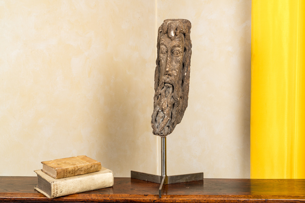 A carved stone head of God the Father, probably 16th C.